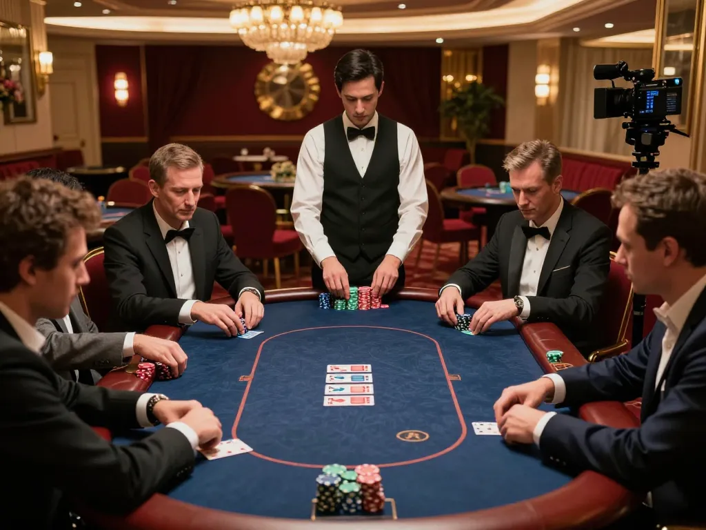 KJC poker players strategizing in a luxurious setting, showcasing high-stakes gaming atmosphere