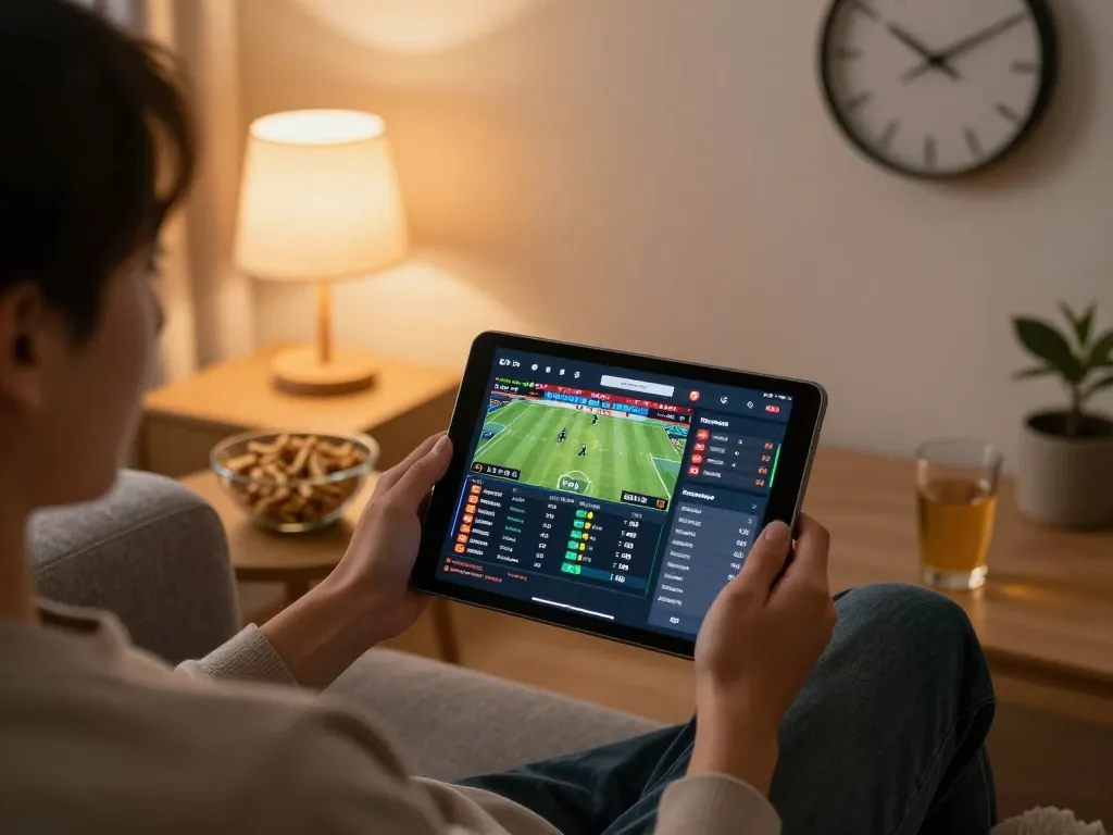 Person engaging in sports betting on 78win app from a cozy home environment, highlighting strategic play.