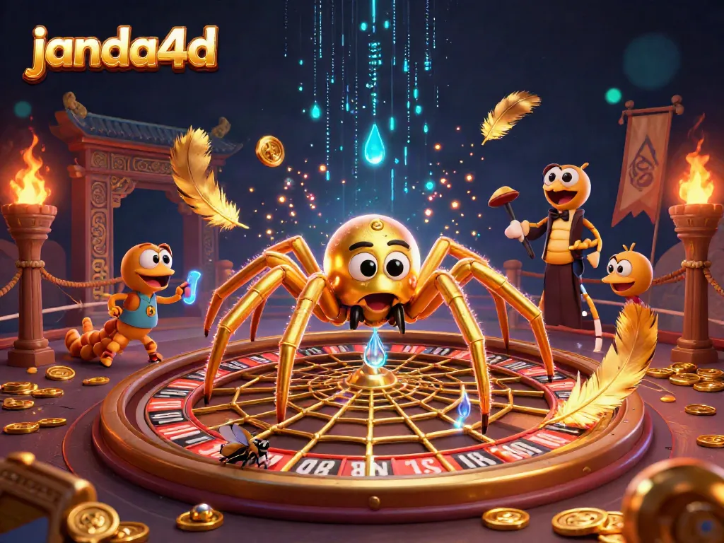 Spider emas di janda4d memutar roda roulette sambil fly pasang taruhan dalam suasana meriah.