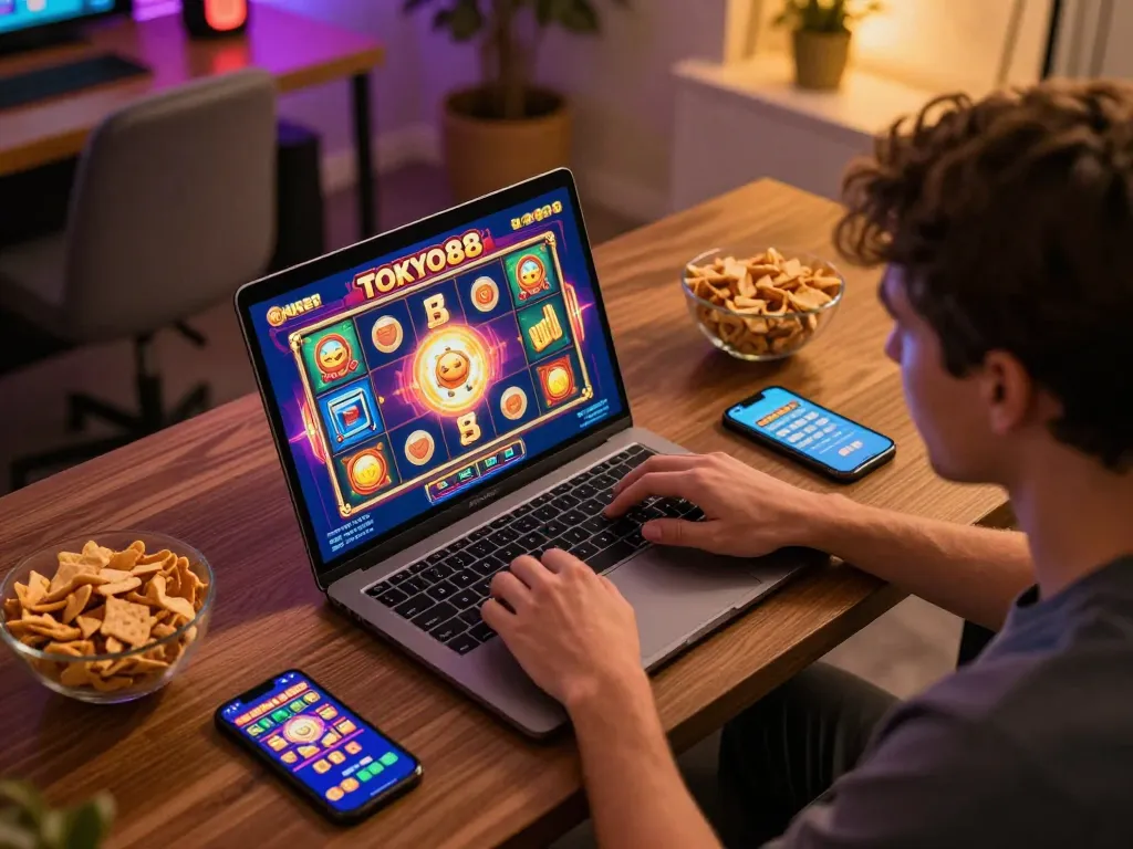 Mainkan permainan slot tokyo88 di laptop, menampilkan grafis yang cerah dan gameplay yang menarik di rumah.