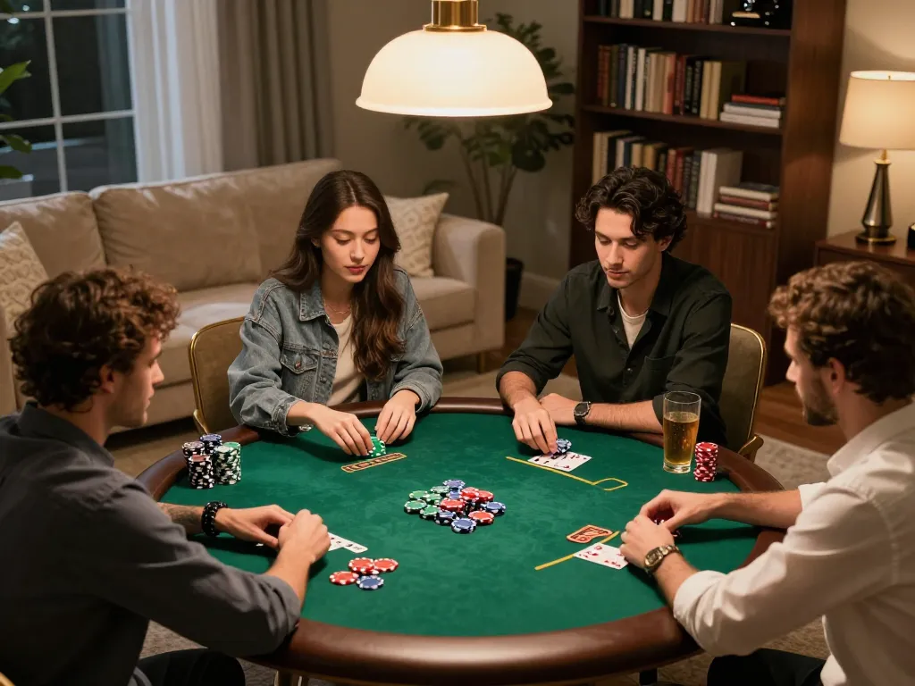 du88 players strategizing over poker chips during a lively home game night's cozy atmosphere