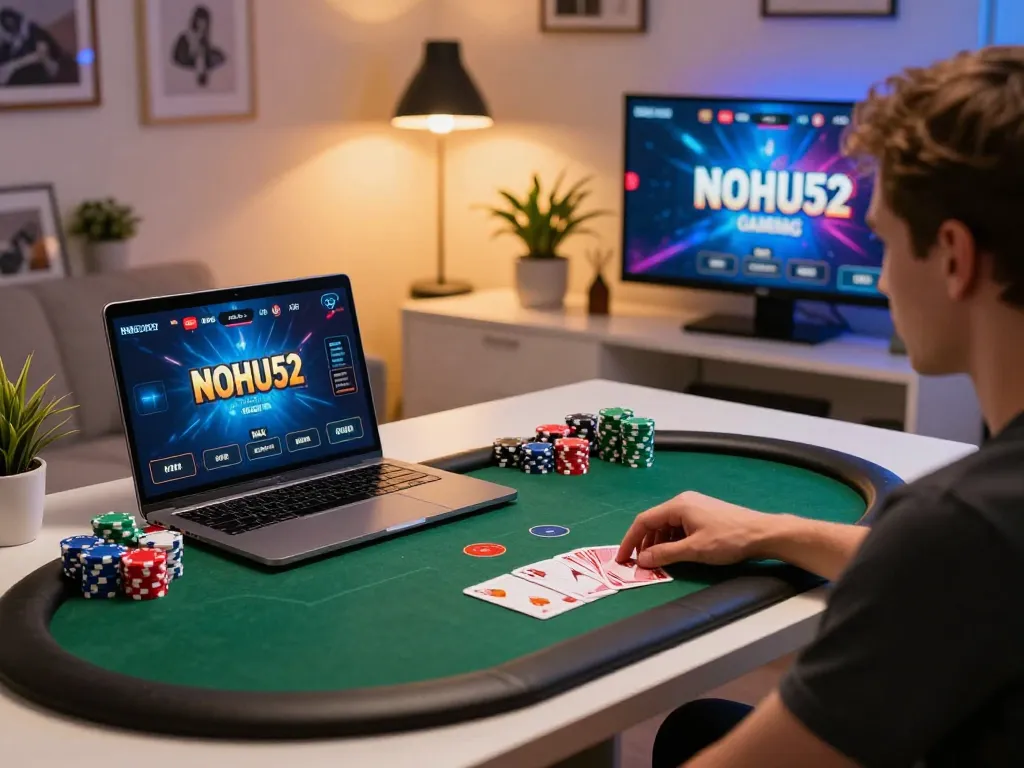 Engaging in a thrilling NOHU52 poker game at home, showcasing strategic betting and a cozy atmosphere.