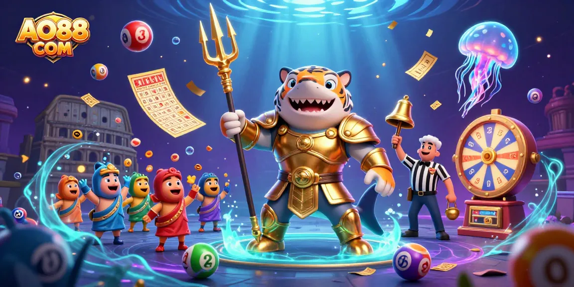Experience thrilling gambling adventures at AO88 COM with a vibrant underwater casino scene featuring unique characters and game elements.