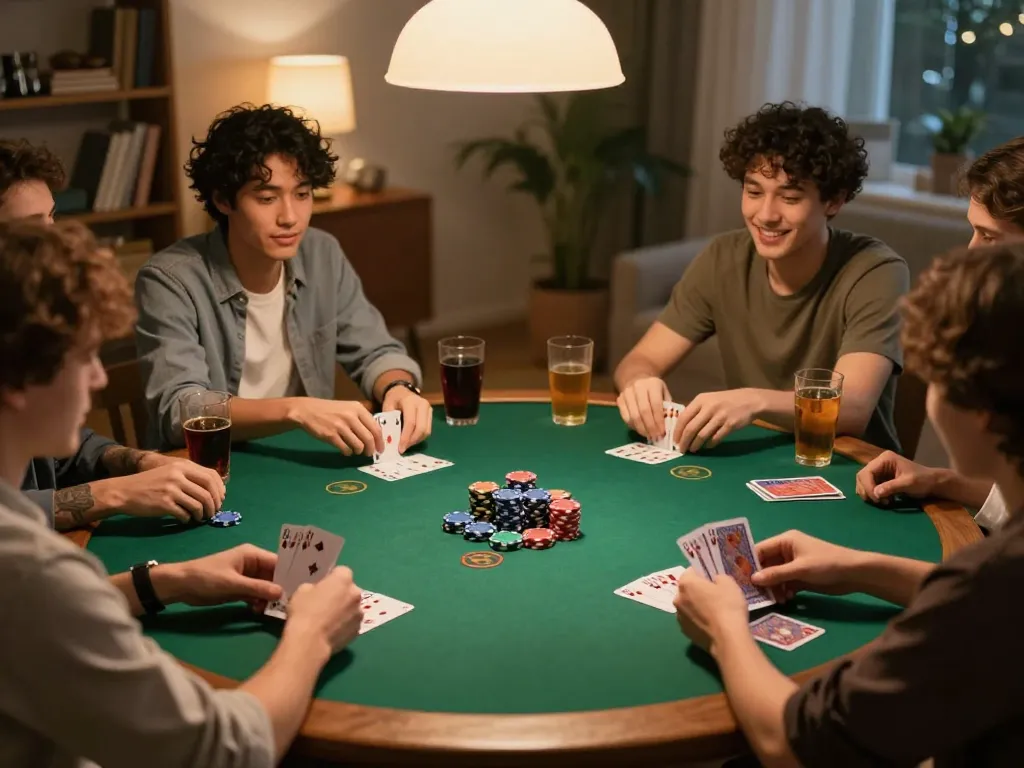 Cucu777 players enjoying a lively poker night, cards and chips in action at a friendly gathering.