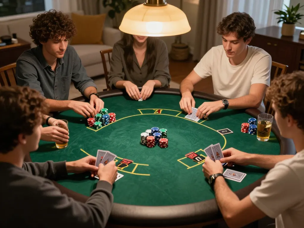Pemain menikmati malam poker yang ramah di rumah dengan kartu dan chip bertema empire99 dipajang.