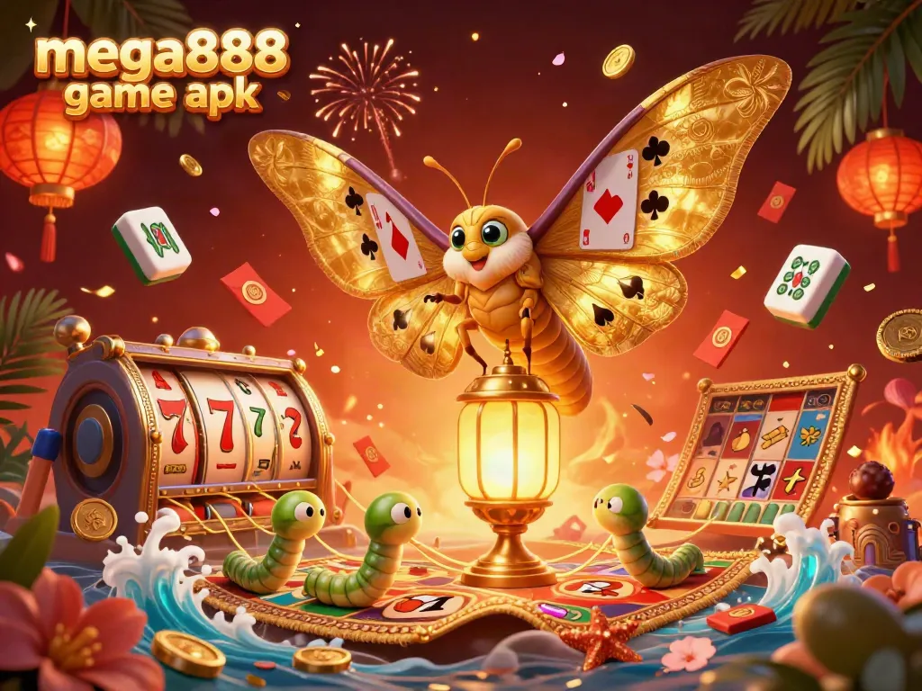 Engage with the mega888 game apk through this vibrant 3D casino-themed illustration, showcasing dynamic gaming elements.