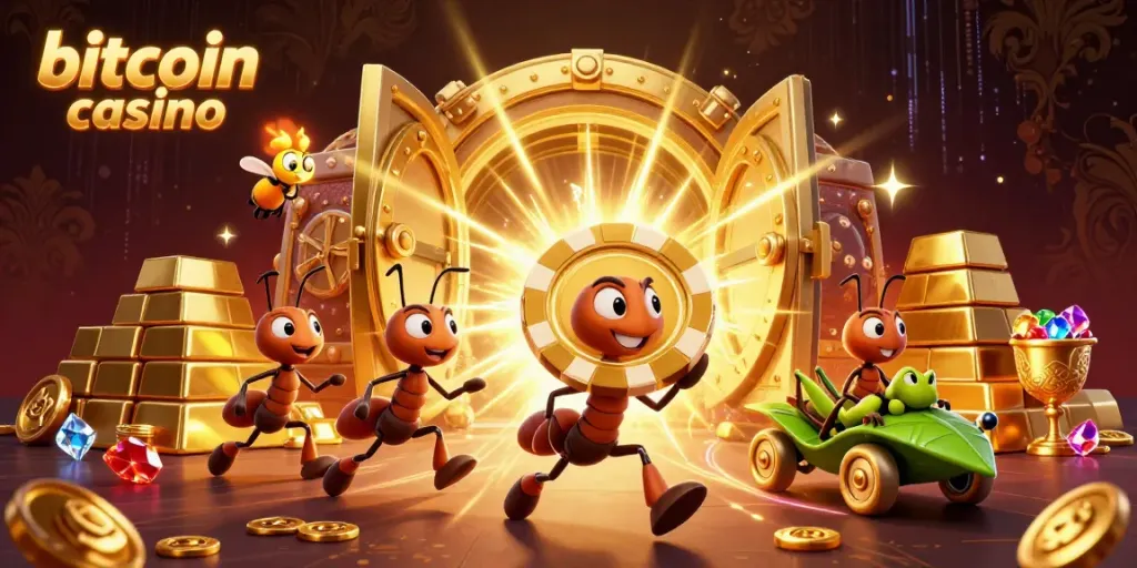 Engaging scene of a bitcoin casino heist with animated ants and treasures.