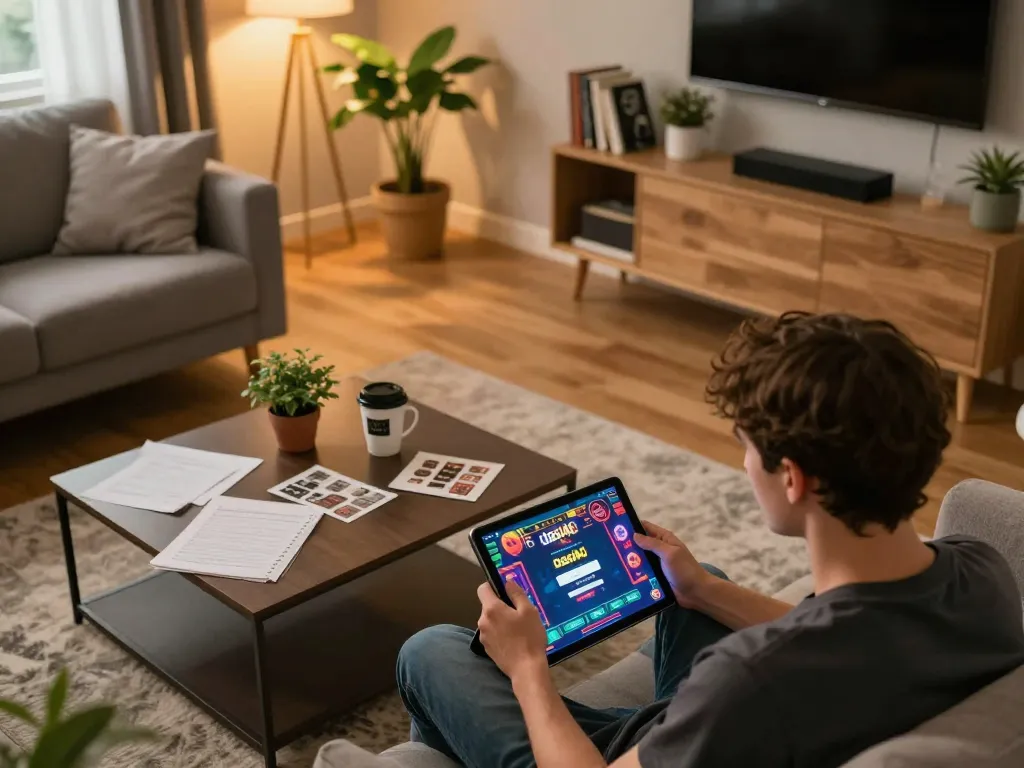 Halaman login DASI4D ditampilkan pada tablet dalam pengaturan permainan rumah yang nyaman
