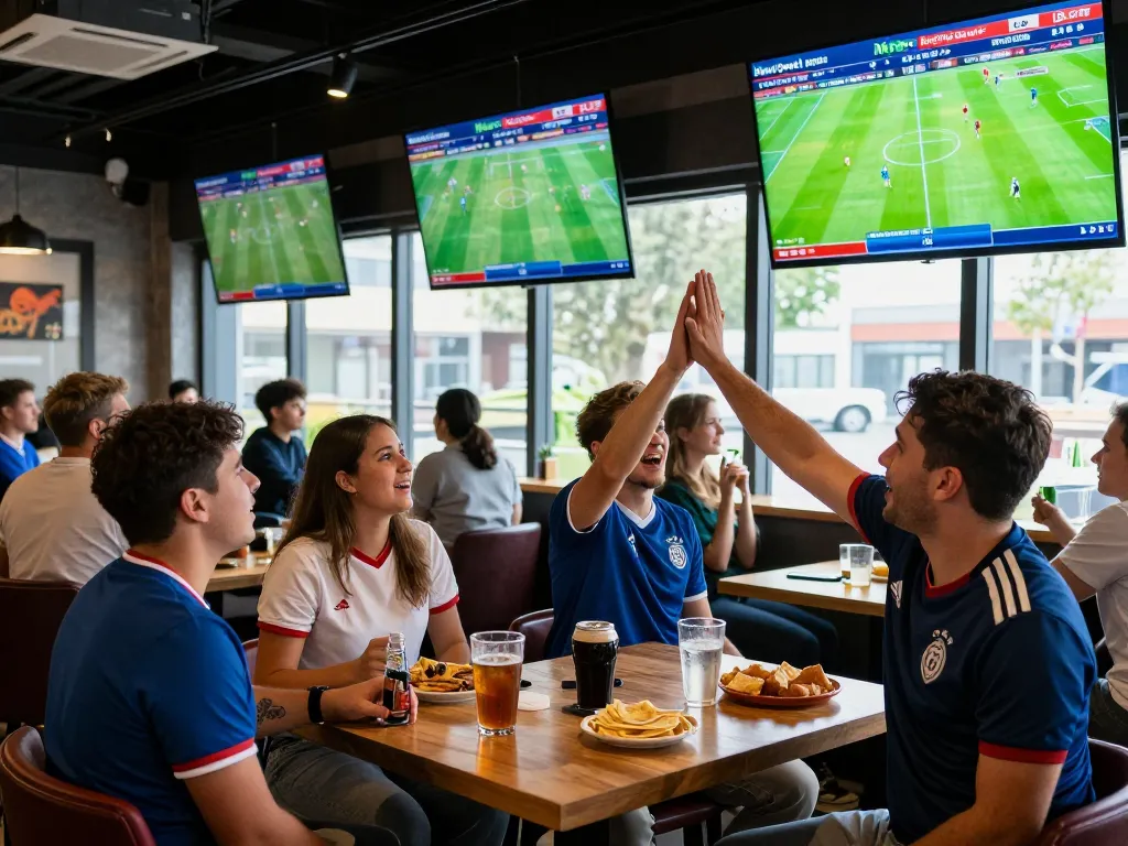Fans excitedly cheering while checking live scores on Nowgoal in a sports bar
