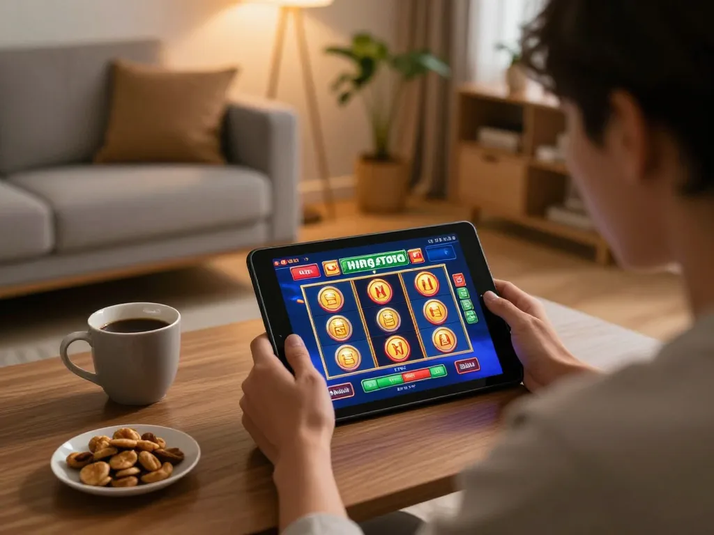 Pemain yang terlibat menikmati slot online hargatoto di tablet di ruang tamu yang nyaman