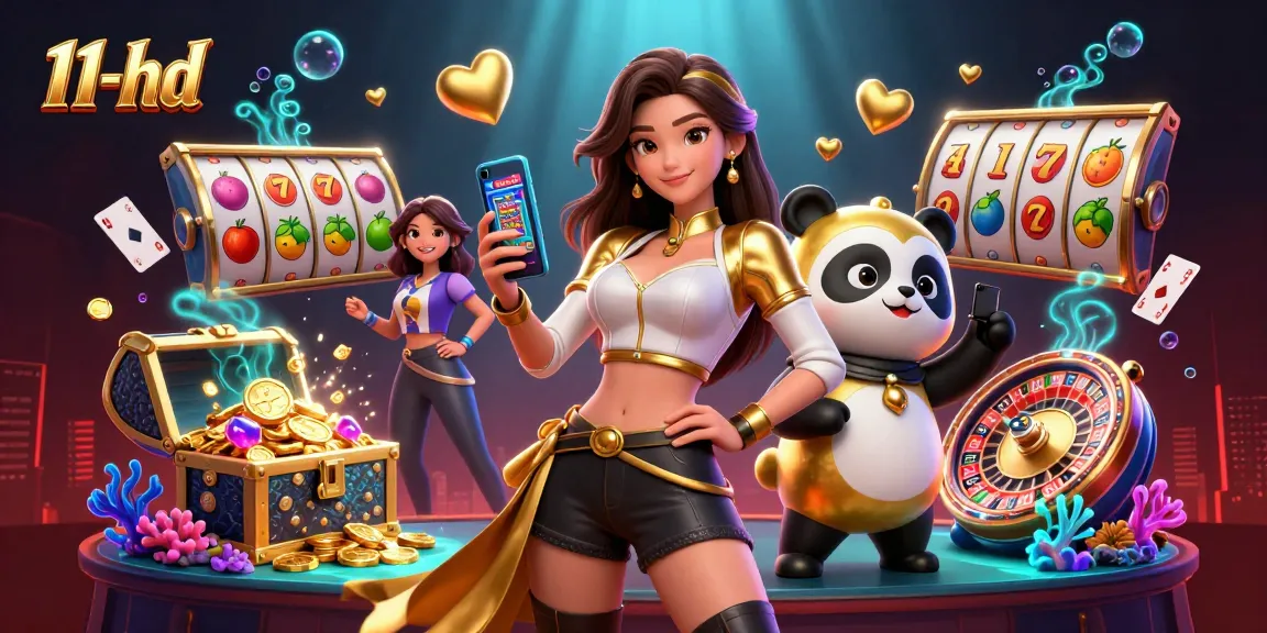 Engaging 11-hd casino illustration featuring an Asian woman and golden panda amidst gaming elements.