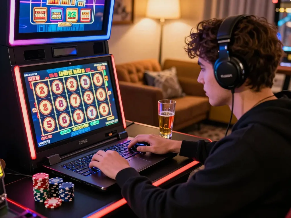 Pemain menikmati permainan slot gacor hari ini di setup kasino online yang vibrant dengan stasiun permainan dan grafik berwarna-warni.