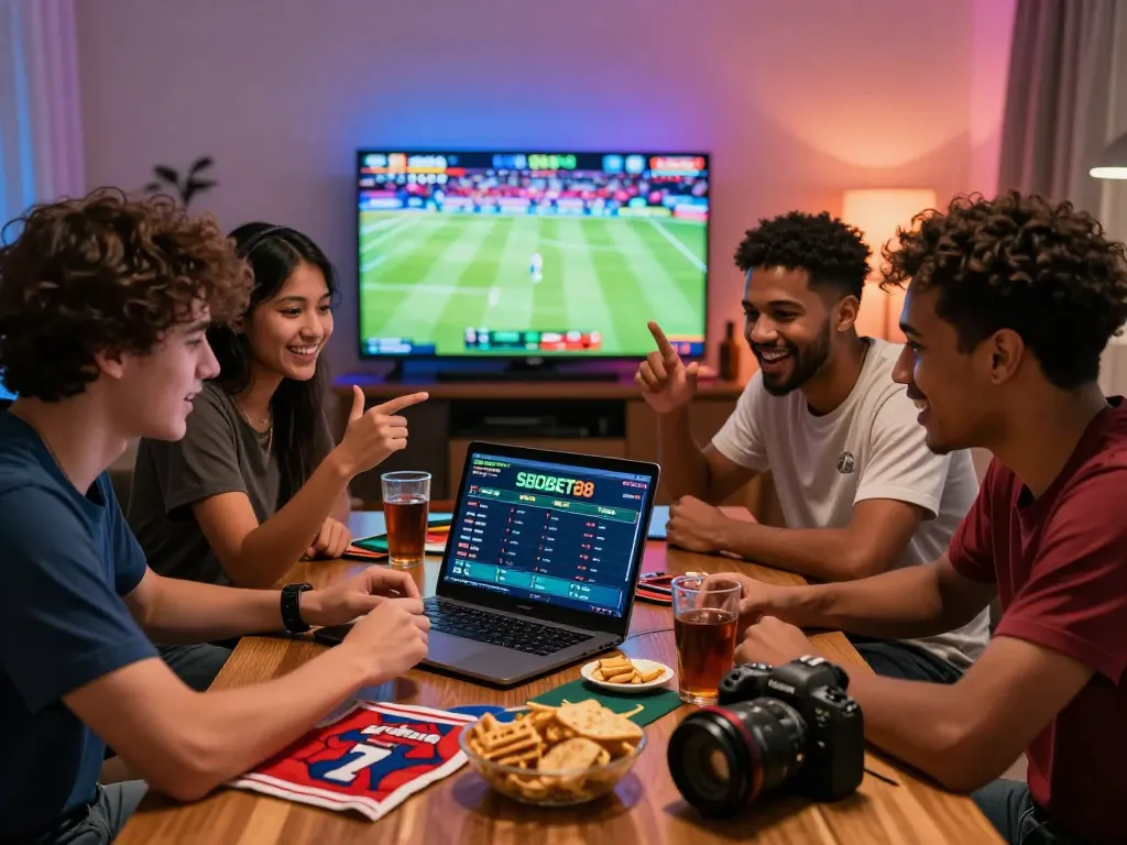 Diverse group enjoying online betting with SBOBET88 on laptop, vibrant home atmosphere.
