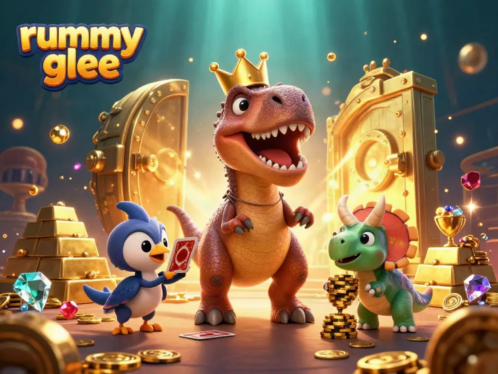 Rummy Glee, T-Rex bermain kartu dengan bantuan pterodactyl, dikelilingi harta karun