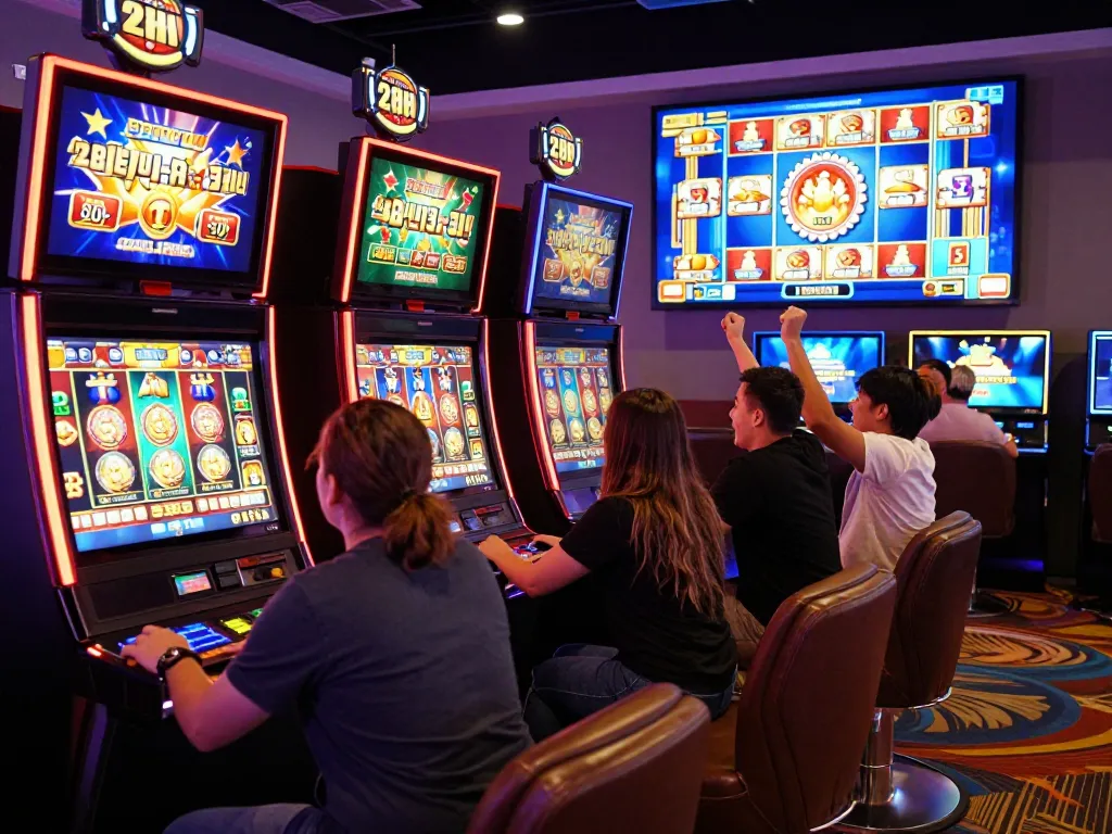 Players engaging with to288 slot machines, celebrating big wins in a vibrant casino atmosphere