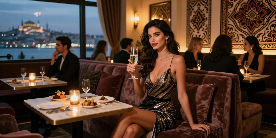 Elegant escort in Istanbul lounge with sparkling champagne, showcasing İstanbul Escort experience.
