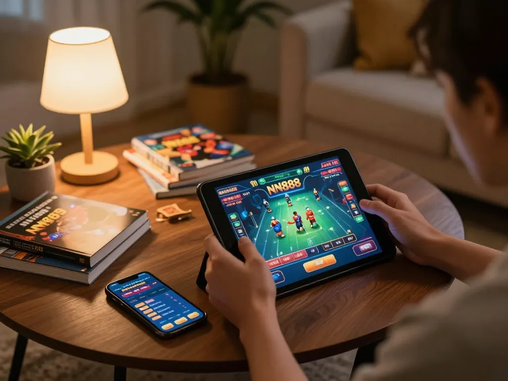 Player strategizing on NN888 platform during an engaging online gaming session with tablet and notes.