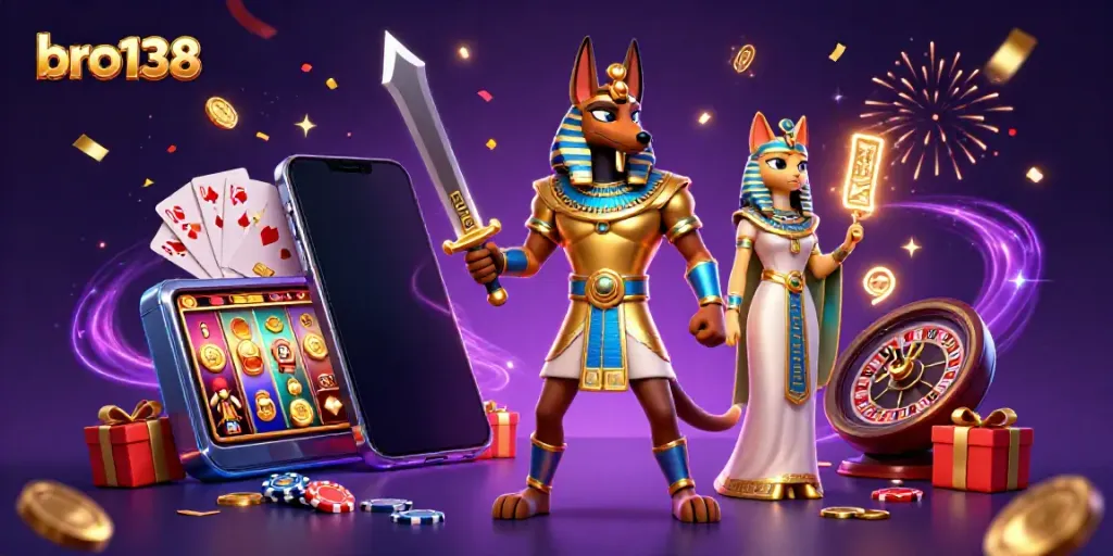 Engage with bro138 in a vibrant 3D casino scene filled with slot games and festive characters.