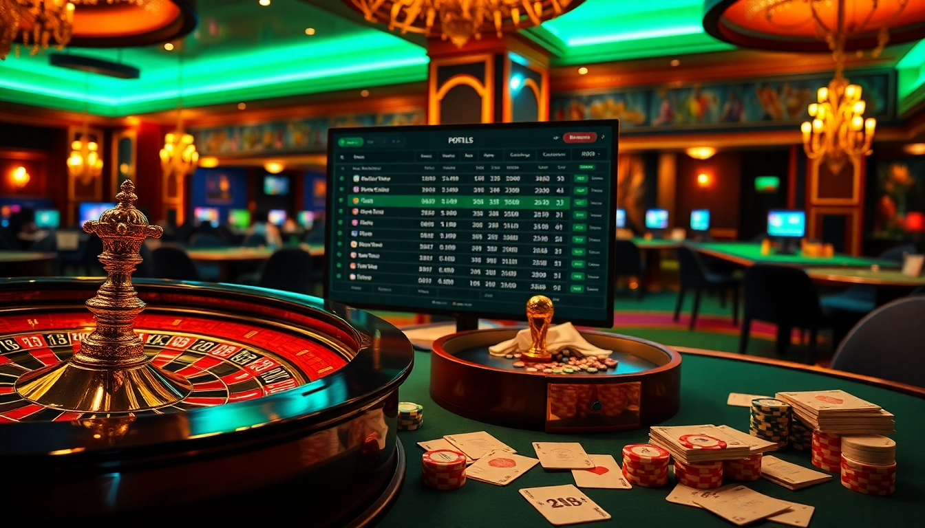 Engage in Judi Bola Resmi at an upscale sportsbook with betting slips and vibrant casino visuals.