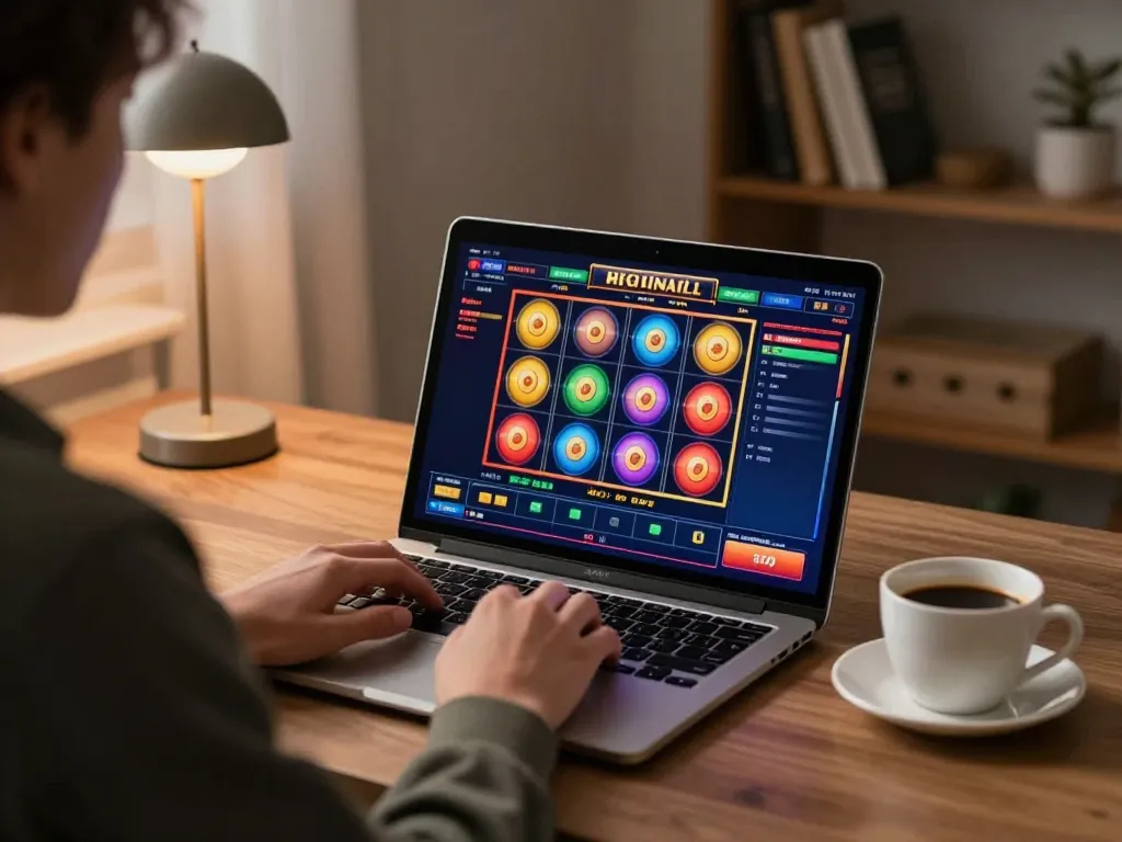 Kuwinfi player enjoying online slots on a laptop in a cozy living room setting.