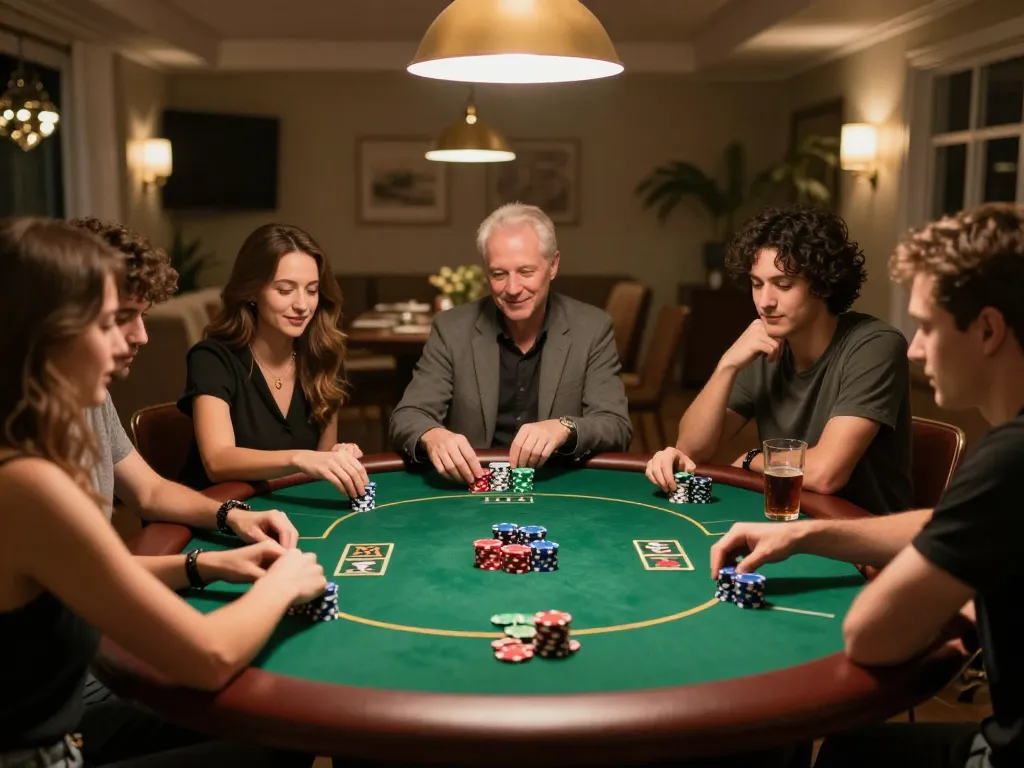 Friends enjoying a poker night at home with 888New-themed decor and chips.