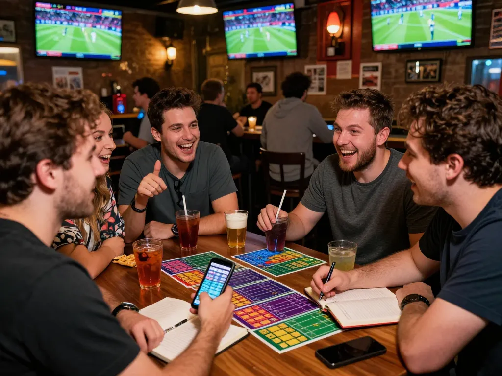 Teman-teman menikmati strategi taruhan mix parley di bar olahraga yang ramai dengan minuman dan camilan