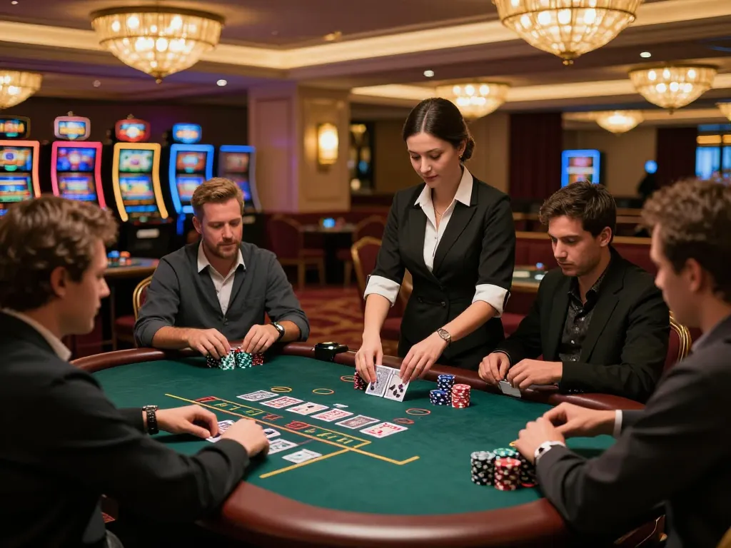 Players enjoying a thrilling blackjack game at 388bet's upscale casino, showcasing strategic betting and elegance.