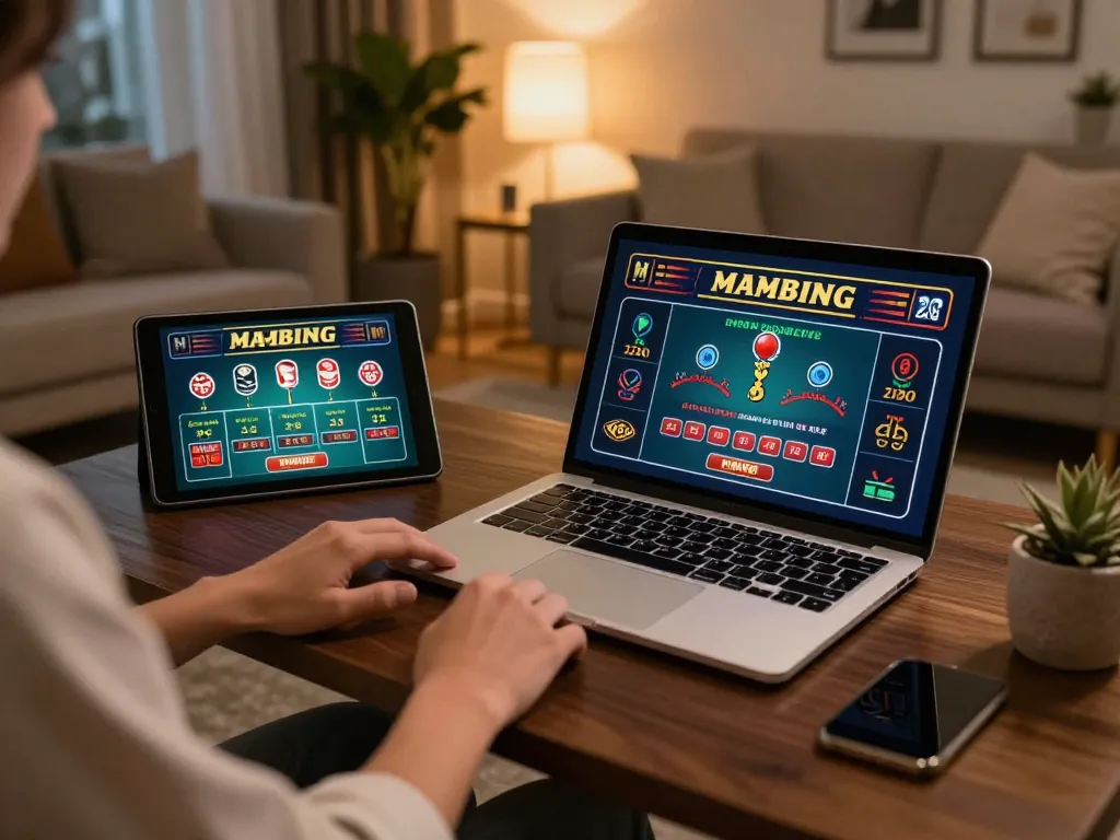 Player engaging with UK88 online casino strategy at home, showcasing laptop gameplay and a cozy environment.