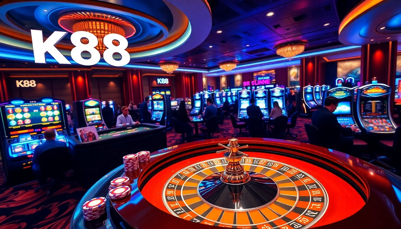 Players enjoying exciting games at K88 casino, with vibrant poker chips and a roulette wheel.