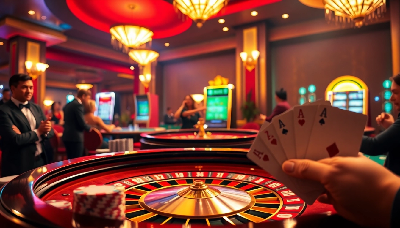 Experience high-stakes excitement at trang chủ open88 with a vibrant casino scene featuring roulette and poker chips.