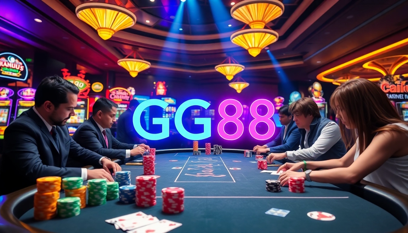 Thrilling gaming action at GG88 with vibrant poker chips and engaging casino tables.