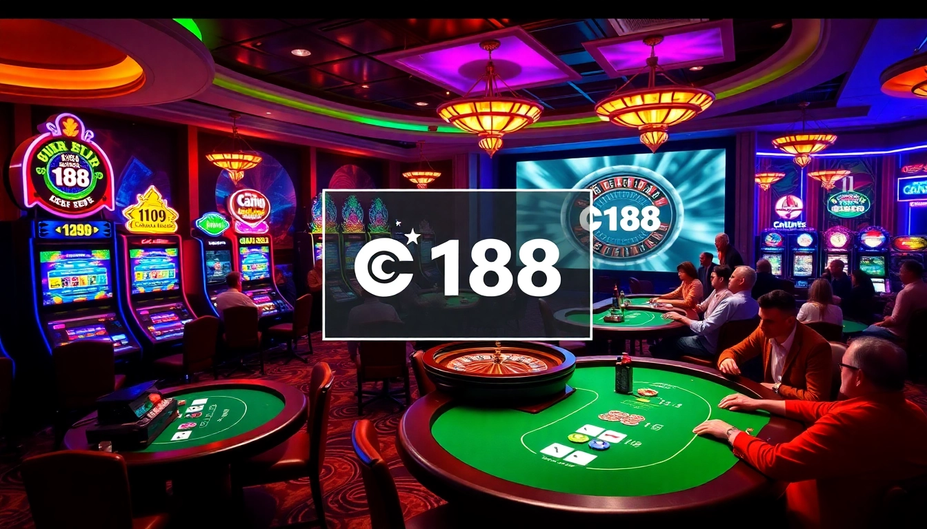 C168 casino room featuring vibrant slot machines and poker tables with high-stakes players.