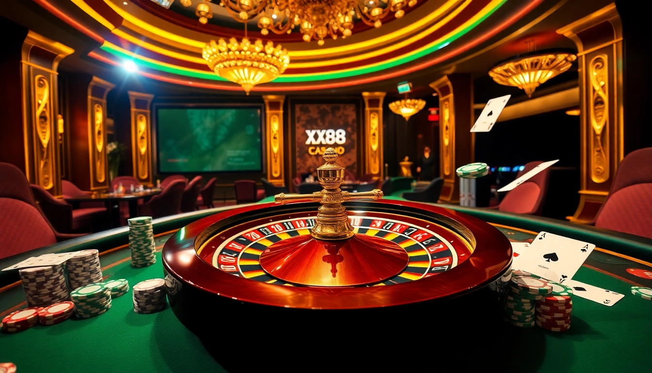 A dynamic scene of a luxurious casino atmosphere at nhà cái XX88 featuring poker chips and a roulette wheel.