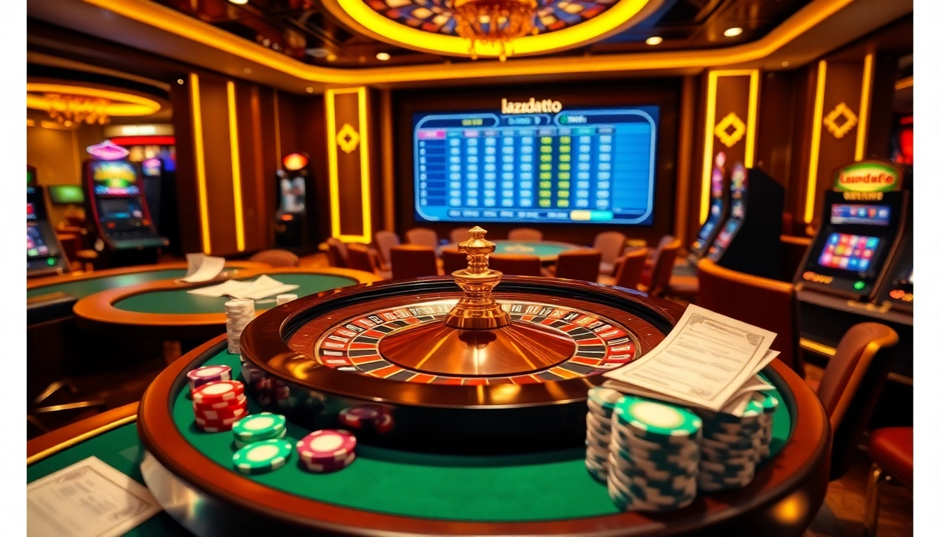 Lazadatoto showcases online casino action with vibrant roulette, poker chips, and engaging gaming tables.