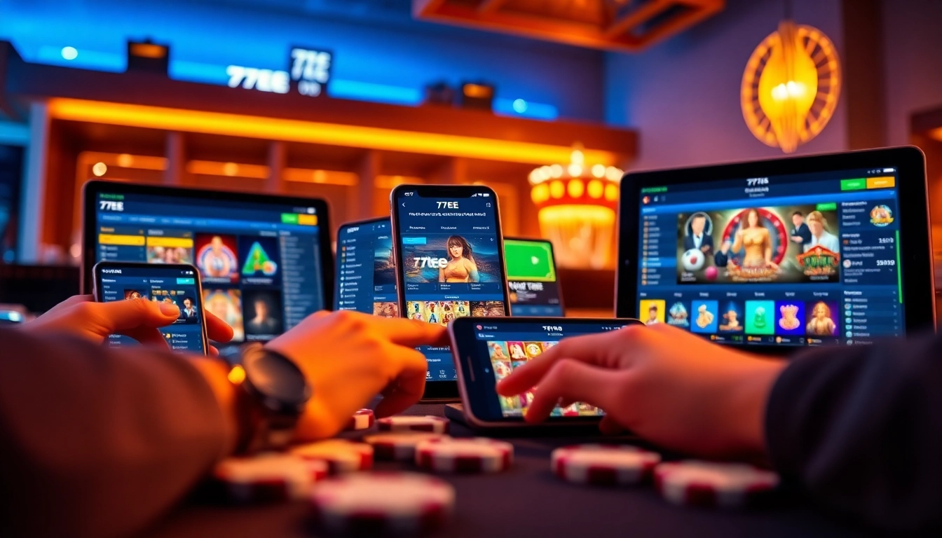 77EE online betting platform showcasing diverse games on multiple devices.