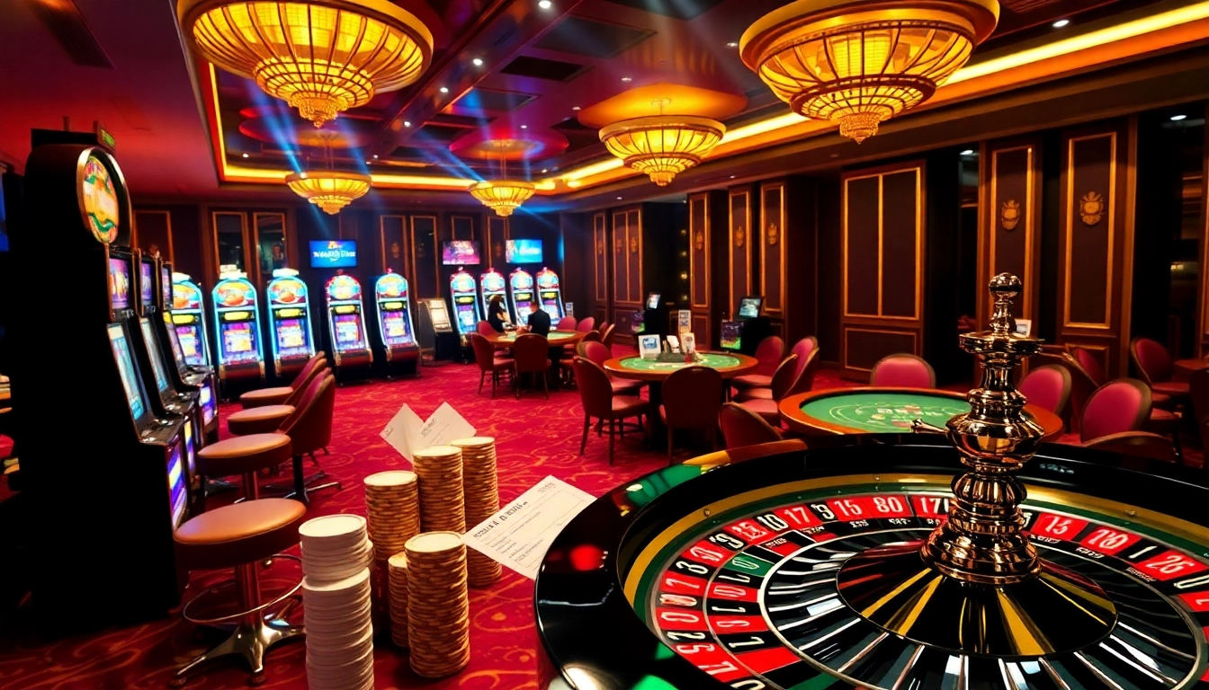 FEBET casino scene with vibrant slot machines and elegant poker tables.