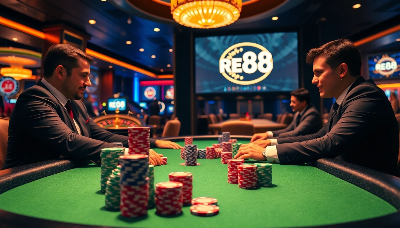 Play poker with excitement at RED88 amid stacks of vibrant chips in a luxurious casino setting.