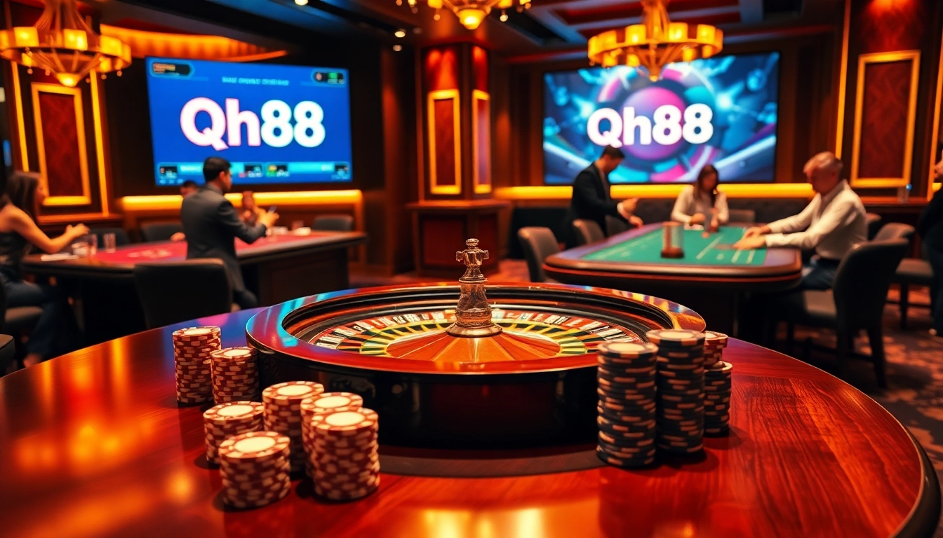 Engaged players enjoy an exciting moment at the qh88 casino table filled with poker chips and cards.