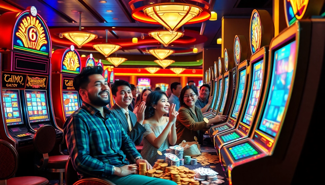 Players celebrate wins at vibrant slot gacor machines in an exciting casino atmosphere.