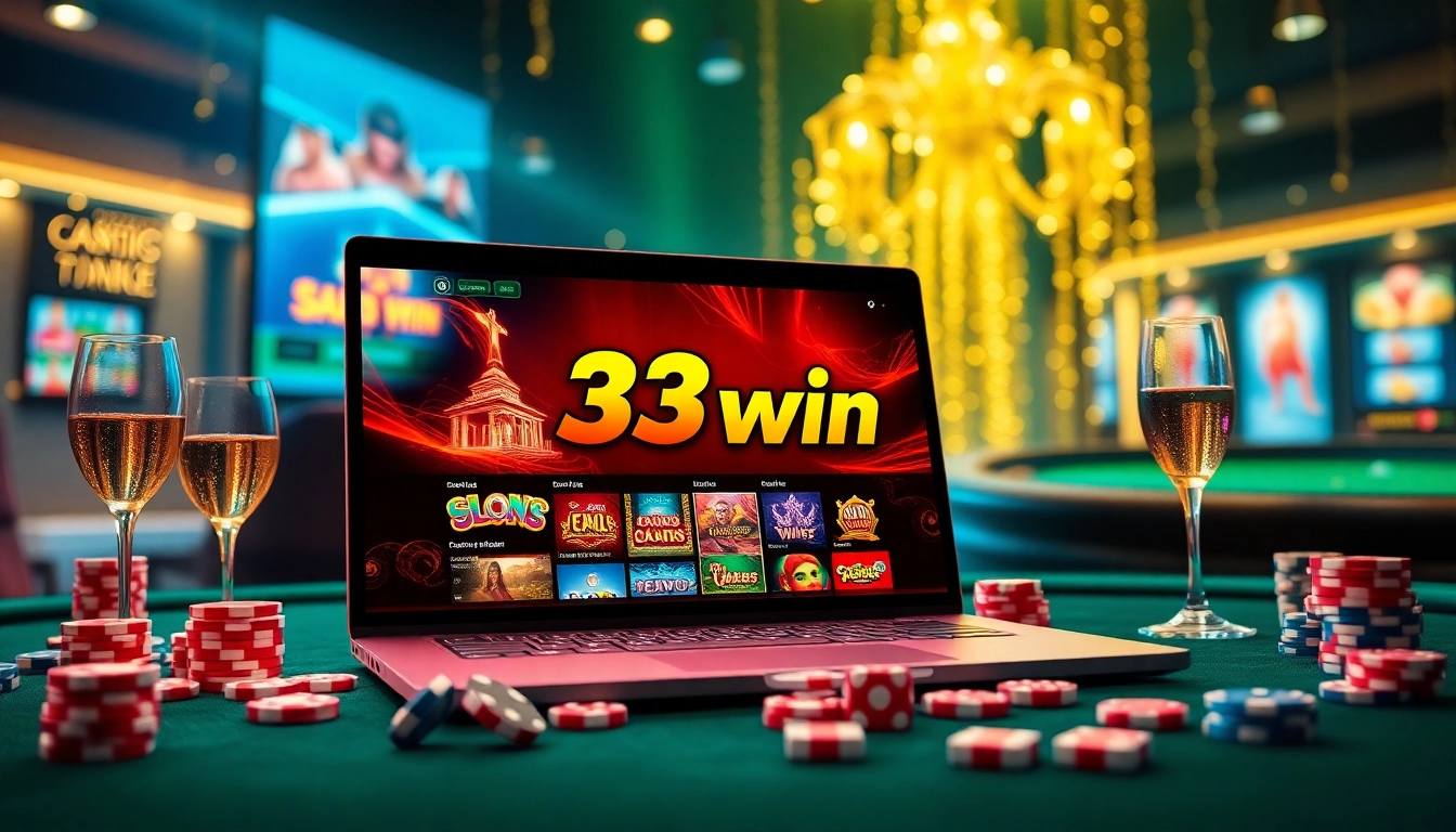 Exciting scene showcasing 33win's online gaming interface with poker chips and dice.