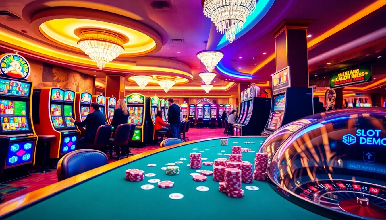 Excited players enjoying a slot demo experience in a vibrant casino environment.