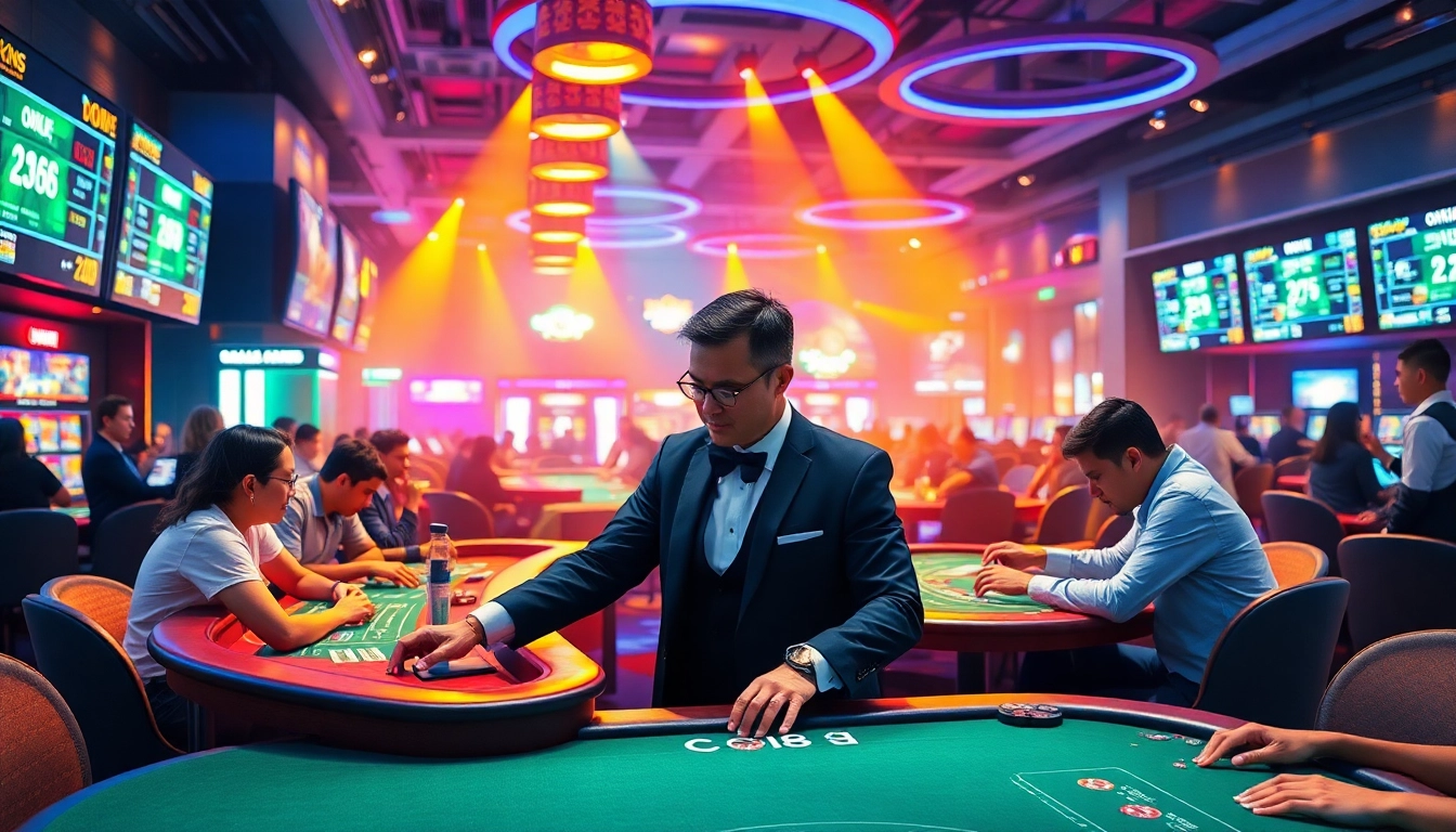Co88 casino environment with players at a vibrant gaming table, showcasing excitement and modern technology.