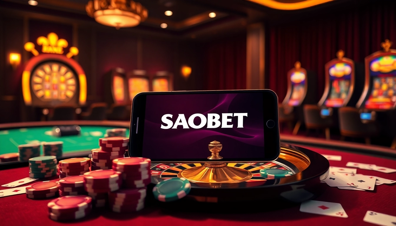 SBOBET smartphone betting with poker chips and roulette wheel in a luxurious casino setting
