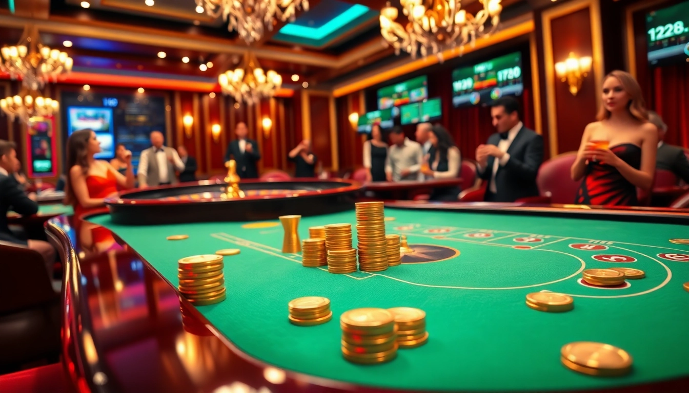 A thrilling poker game atmosphere at 123b.ing showcasing players celebrating wins with vibrant chips and a spinning roulette.