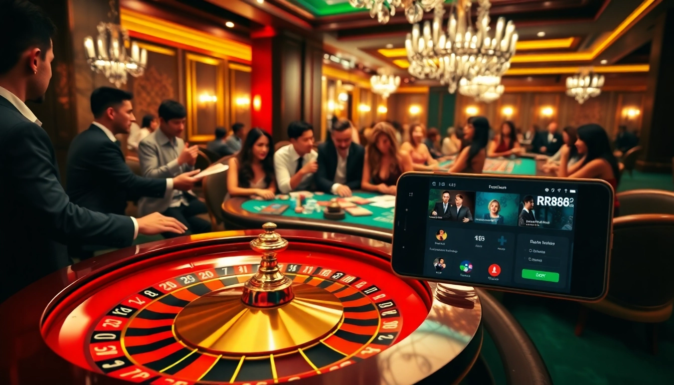 RR88 offers an exciting casino gaming experience with a vibrant roulette wheel and strategic players.