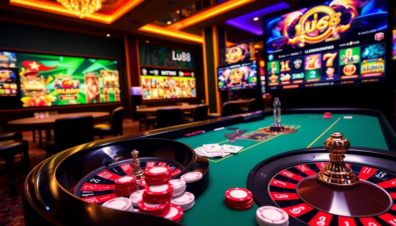 Lu88's dynamic online casino scene featuring vibrant poker tables and engaging game interfaces.