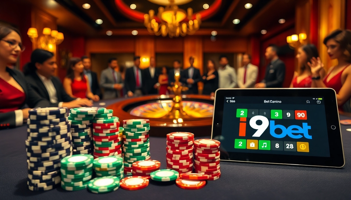 Experience the thrill of i9bet with an elegant casino table surrounded by players and vibrant poker chips.
