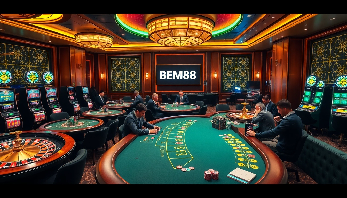 BEM88 casino scene showcasing poker tables and roulette with vibrant ambiance.