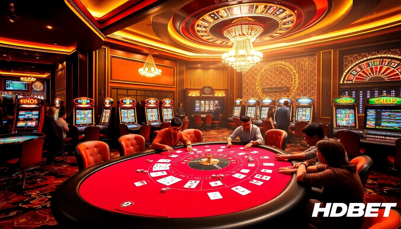 Players engaged in a high-stakes poker game at HDBET casino, surrounded by vibrant slot machines and roulette.