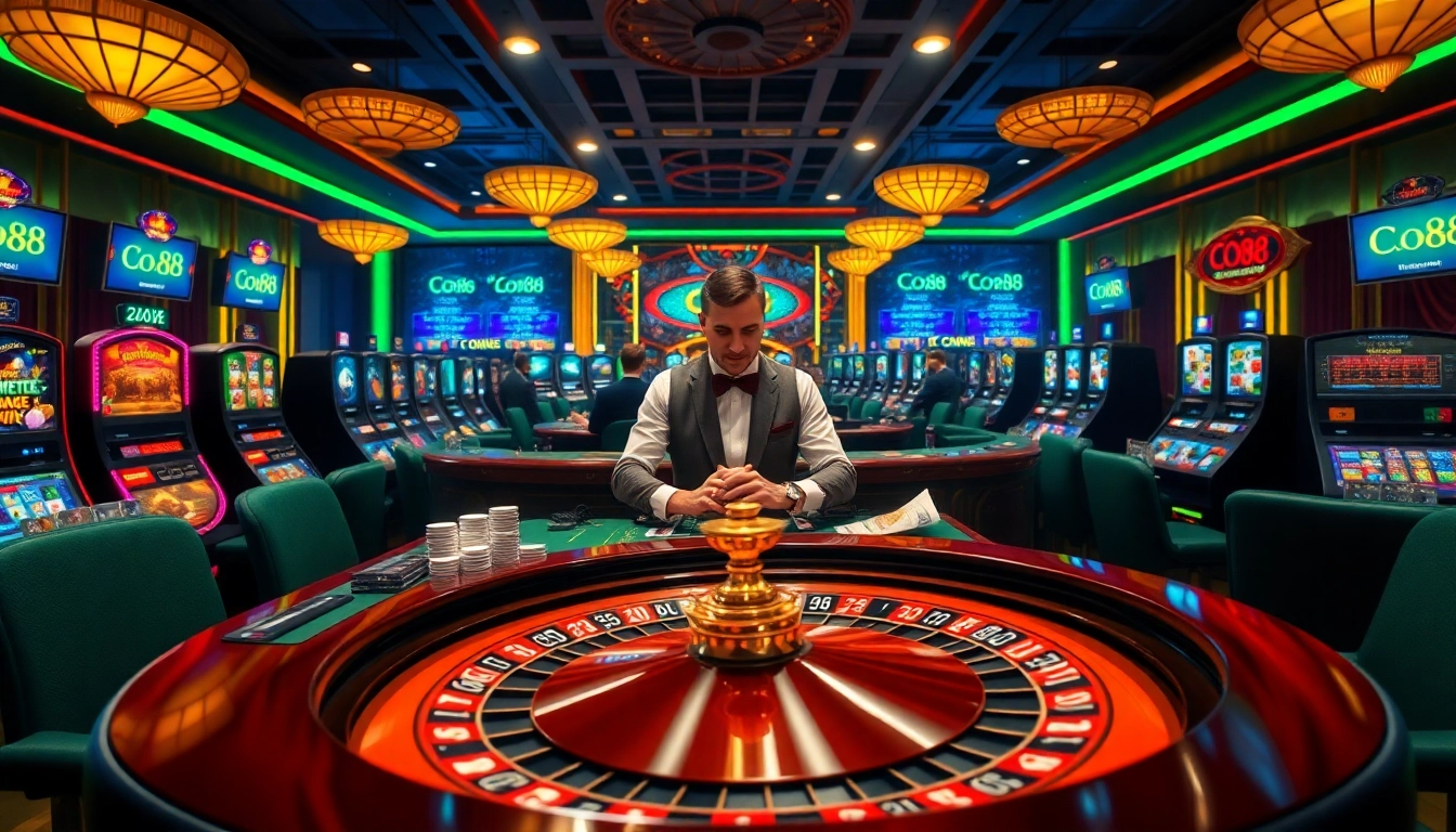 Co88 live dealer table with vibrant casino atmosphere filled with slot machines, chips, and excitement